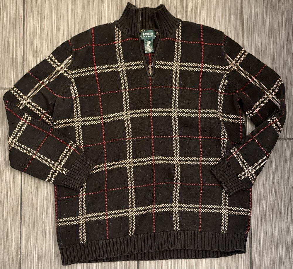 Lauren Ralph Lauren Black Plaid 1/4 Zip Knit Cotton Sweater Size Large Preppy